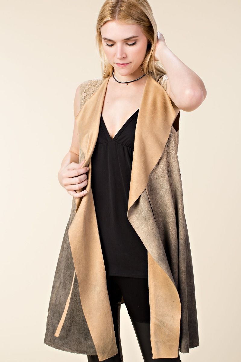 Open Front Faux Suede Vest with Lapel STONE 