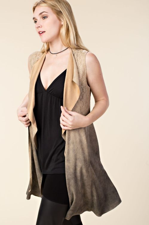 Open Front Faux Suede Vest with Lapel STONE 