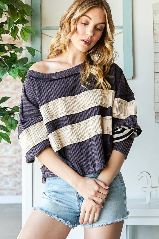 Black Mixed Fabric Long Sleeve Top