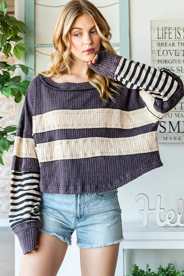 Black Mixed Fabric Long Sleeve Top