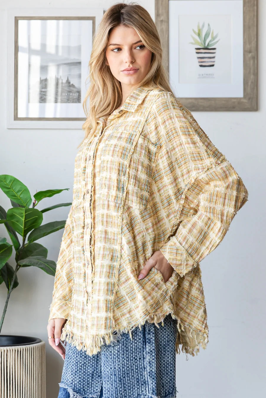 Light Honey Washed Plaid Button Down Top