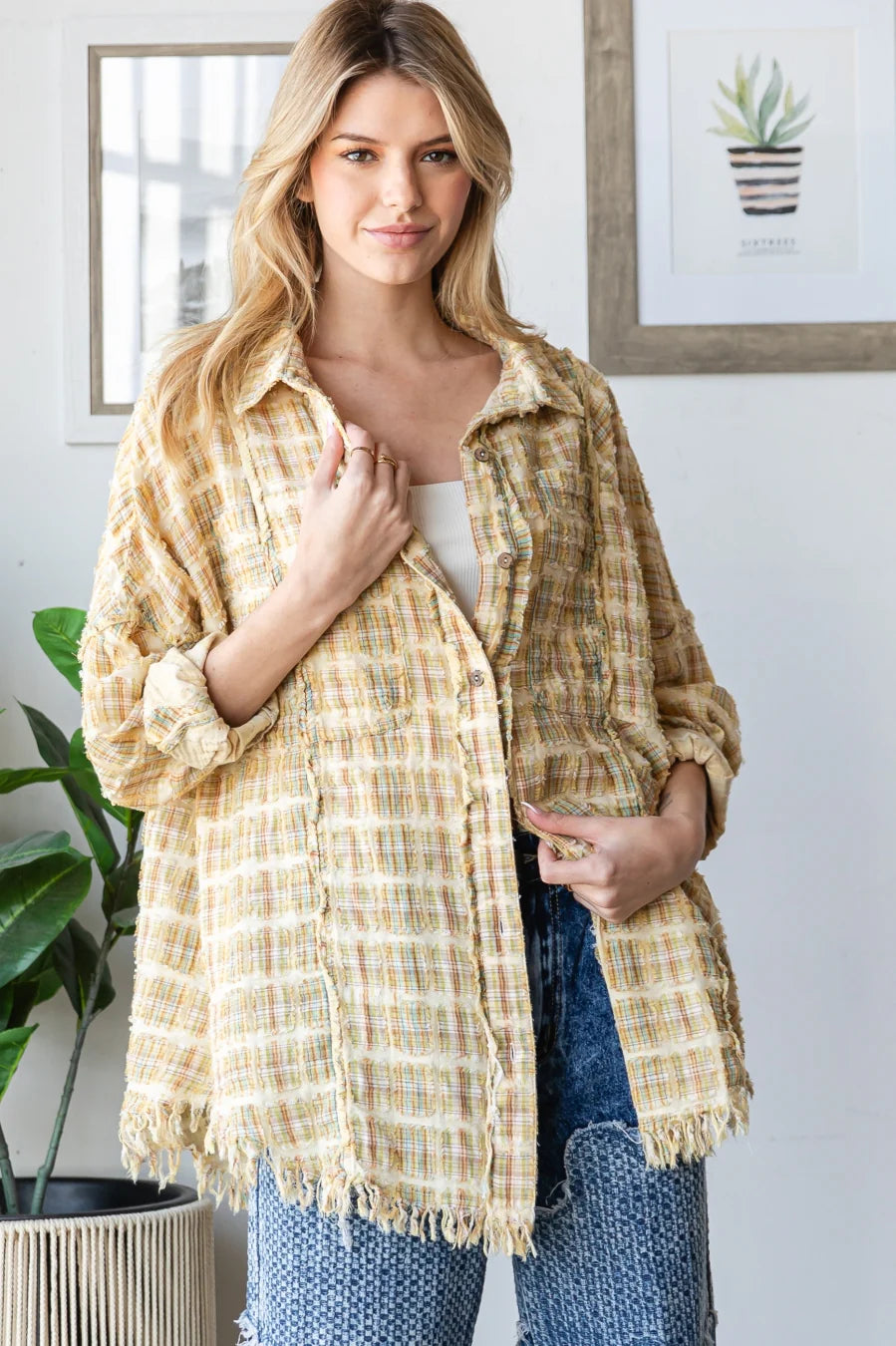 Light Honey Washed Plaid Button Down Top