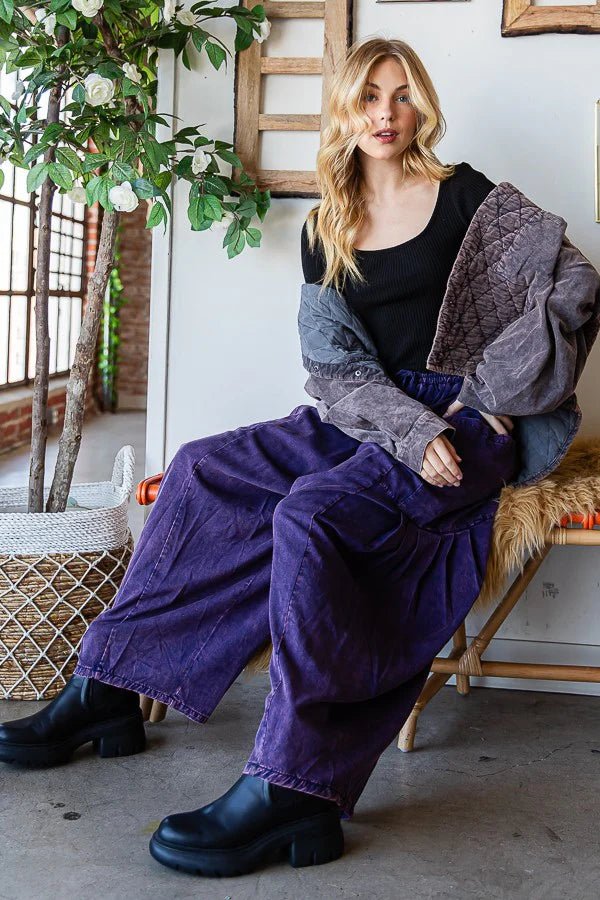 Pleated Wide Pants in Eggplant - Vintage Vault Boutique