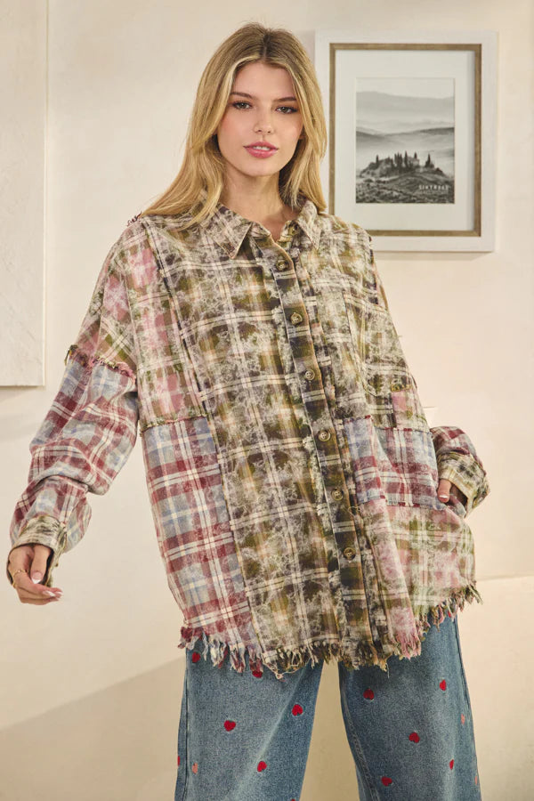 Olive Washed Mixed Plaid Button Down Shirt