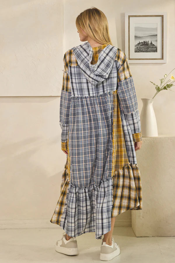 Blue and Yellow Plaid Hooded Duster