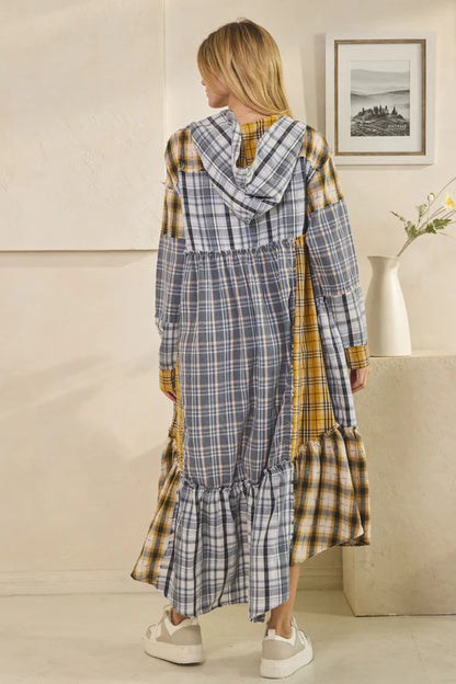 Blue and Yellow Plaid Hooded Duster