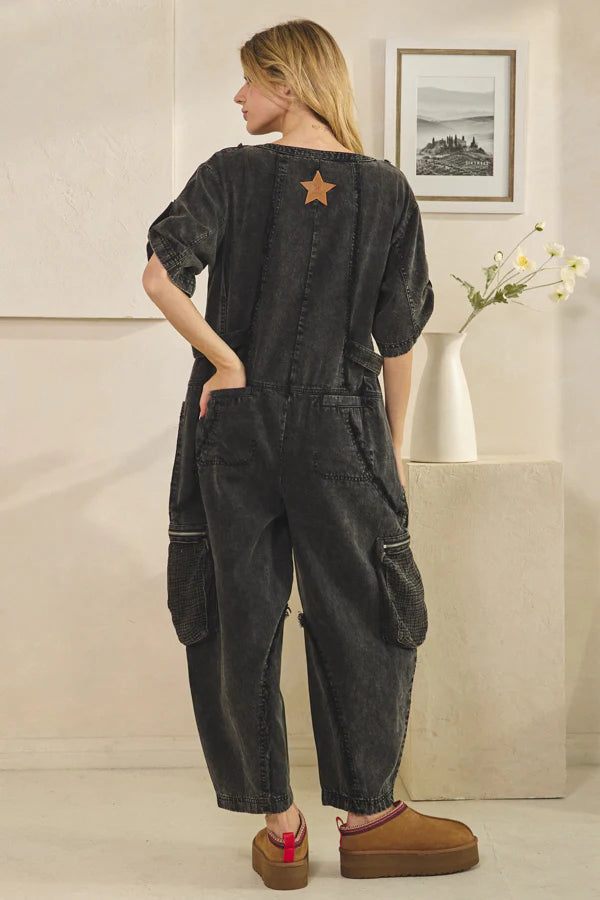 Black Washed Short Sleeve Jumpsuit