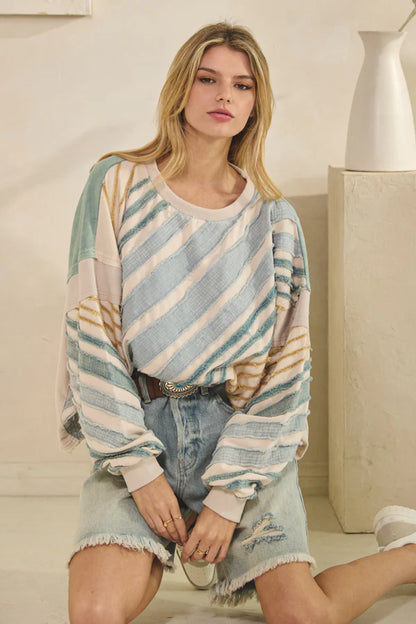 Taupe Raw Edge Stripe Top