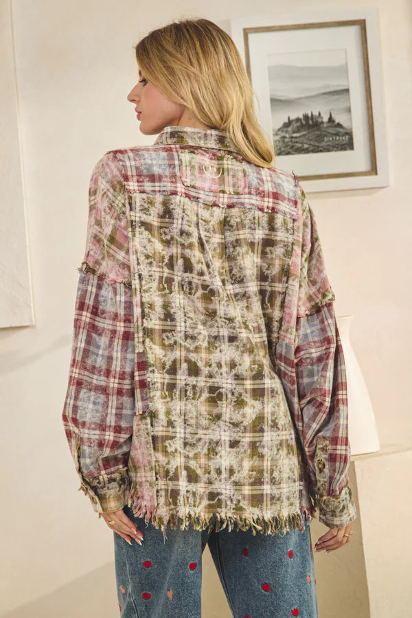 Olive Washed Mixed Plaid Button Down Shirt