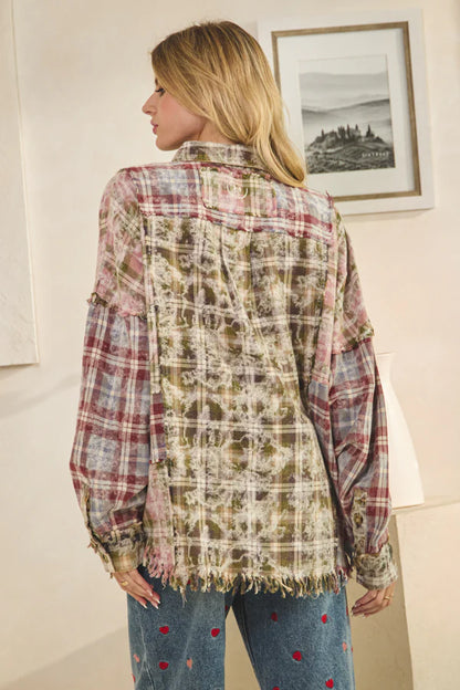 Olive Washed Mixed Plaid Button Down Shirt
