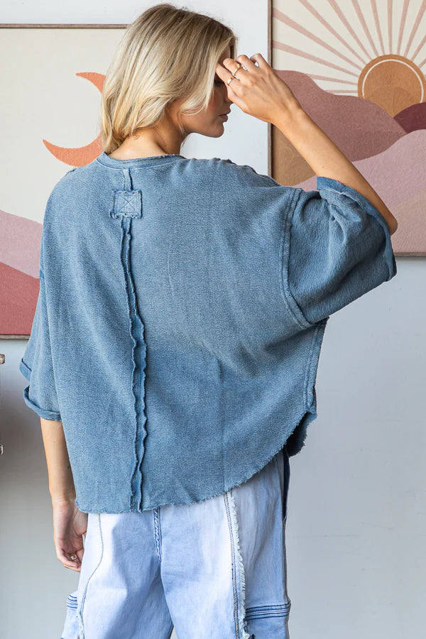 Drop Shoulder Relaxed Crop Top - Blue