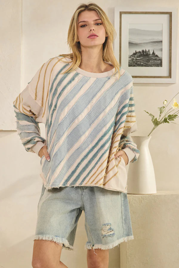 Taupe Raw Edge Stripe Top