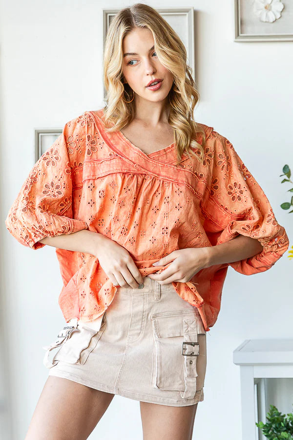 Washed Eyelet Top Guava M
