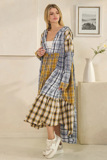 Blue and Yellow Plaid Hooded Duster