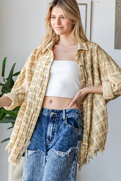 Light Honey Washed Plaid Button Down Top