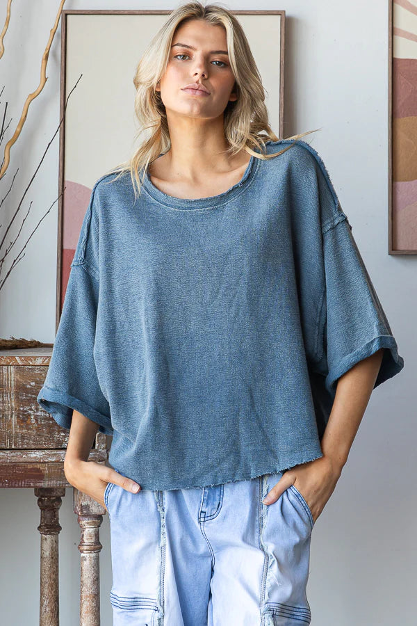 Drop Shoulder Relaxed Crop Top - Blue
