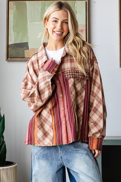 Plaid Striped Mixed Shirt - Vintage Vault Boutique