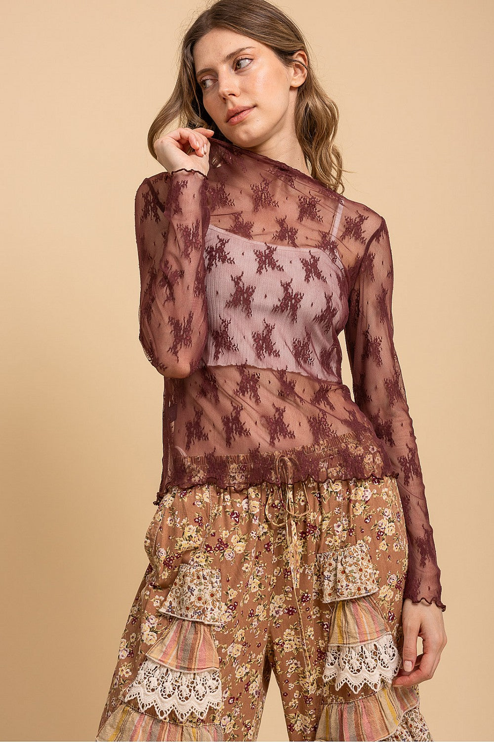 Embroidery Long Sleeve Mesh Top