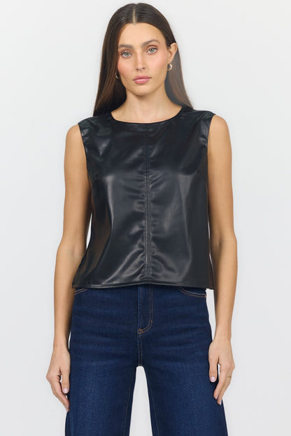 SUMANA - Black Sleeveless Faux Leather Top - Vintage Vault Boutique