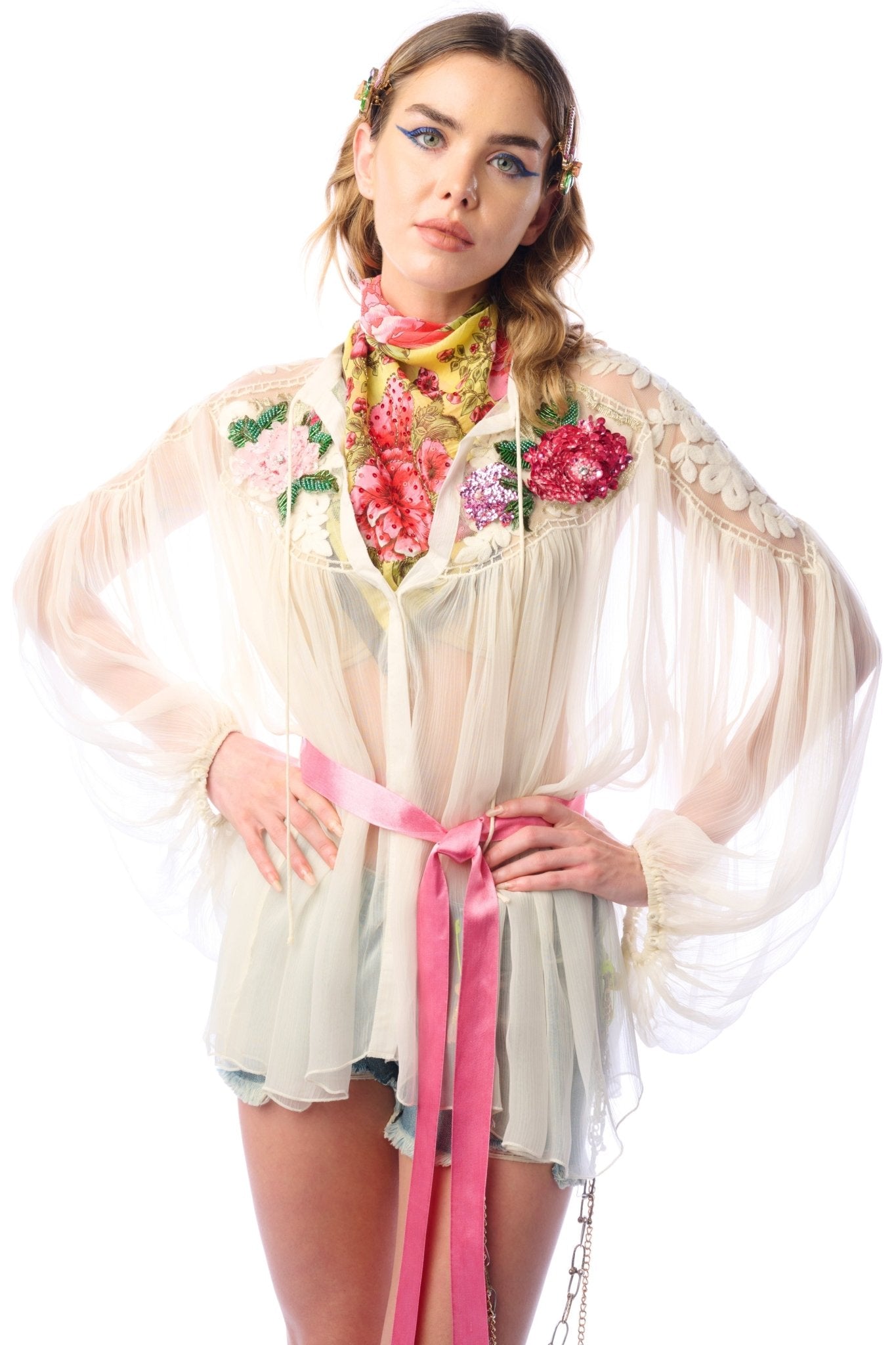 Amora Chiffon Embroidery Shirt - Vintage Vault Boutique