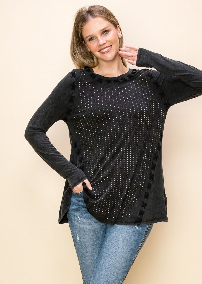 Rhinestone Front Round Neck Long Sleeve Top 