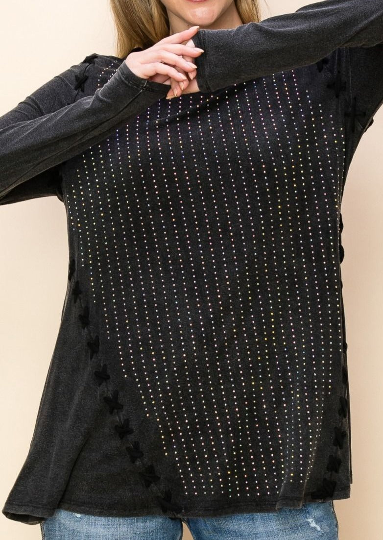 Rhinestone Front Round Neck Long Sleeve Top 